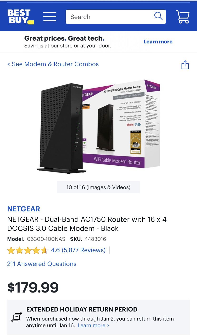 Netgear AC1750 WiFi cable modem router