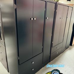 New Black Wooden Tall Wardrobe With Storage Shelves 