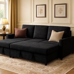 New Modern Pull Out Couch, Convertible Sleeper Sofa Bed with Storage, L-Shaped Sofa Bed with Storage Chaise Linen Fabric for Living Room, Apartment, S