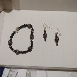 Antique Glass Beads Bracelet And Earrings