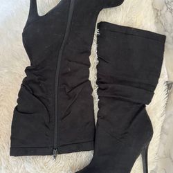 Black Faux Suede Round Pointed Top Slouch Calf Boots 9
