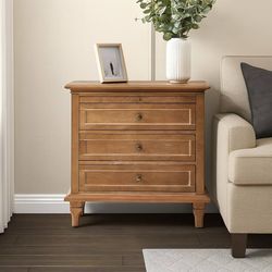 S84-Farmhouse 3 Drawer End Table with Tray, Drawer Organizer with Solid Wood Legs, End Table with Charging Station（Acorn）