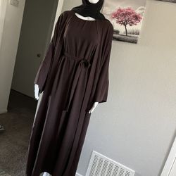 3pcs/Set Elegant Suit, Plain Sleeveless Long Dress, Elastic Material, With Cardigan, Long Robe And Headscarf, Suitable For Daily And Festival Headband