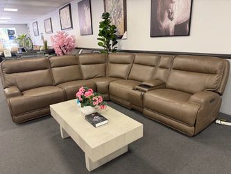 Tan Leather Power Reclining & Adjustable Headrest Sectional Sofa