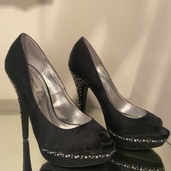 Black Satin Diamond Heels