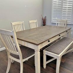 Ashley Bolanburg Rectangular Dining Table,4 Chairs And Bench Dining Room Set Farmhouse Style 