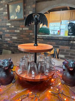 Halloween 2 tier wooden tray w/ 9 glasses