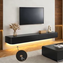 86.6in Modern Floating TV Unit with LED Lighting | Wall-Mounted Entertainment Media Console | Large Storage TV Bench for Living Room & Office 
