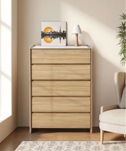 47.2" Tall Hazel Oak 5-Drawer Chest with Faux Marble Top, Manufactured Wood
