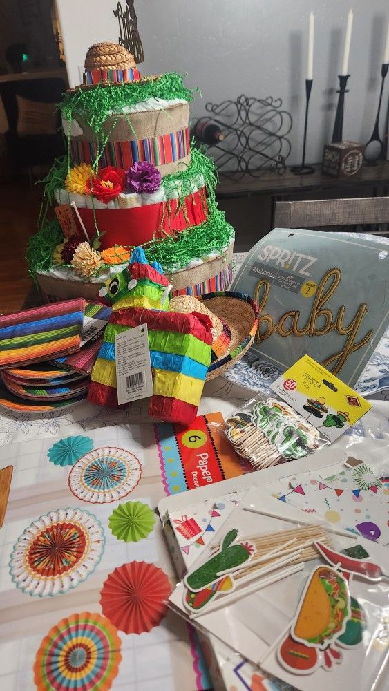 Fiesta Theme Babyshower, Backdrop And Diaper Cake $40