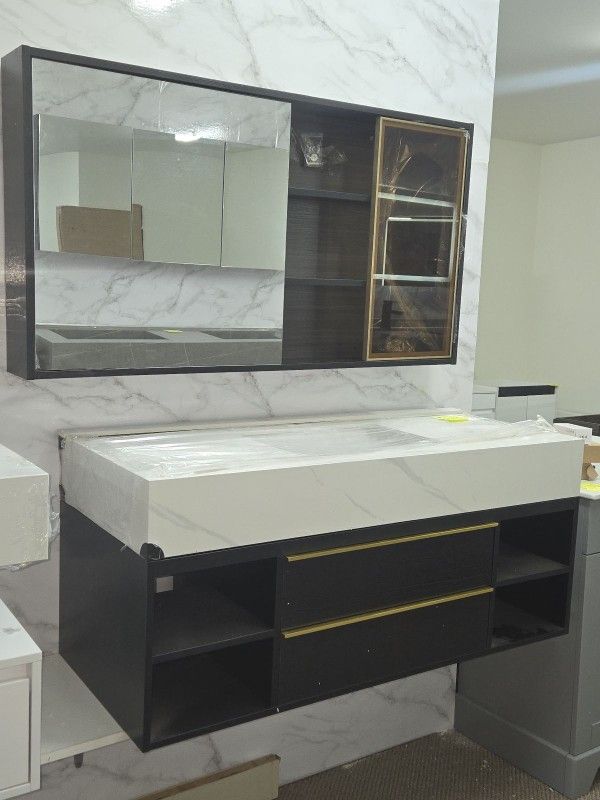 48" Wooden Floating Vanity White Stonetop Sink w/ Led Mirror