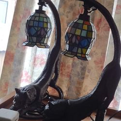 Vintage Tiffany Style Cast Iron Cat Lamps