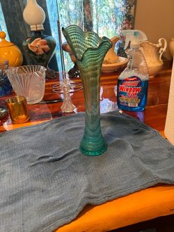 Teal Carnival Glass Swing Vase