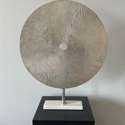 Modern Style Art Deco Silver Metal Disk Sculpture on Stand – 14" x 4" x 18"