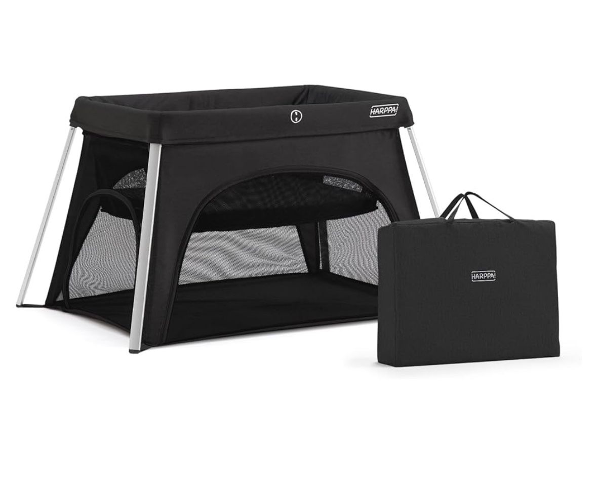 HARPPA Travel Crib with Comfy Mattress, Lightweight Portable Crib Requires No Assembly, Foldable Pack and Play for Baby and Toddlers, Compact Play Yar