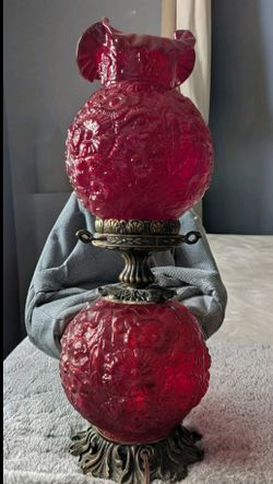 Fenton Red Hand Blown Art Glass Table Lamp Floral Victorian USA Metal Base