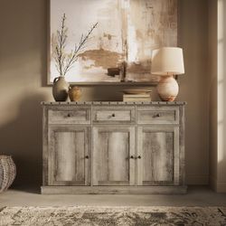 BIG SALE 56” Rustic Rivet Beige Wood 56 in. Sideboard Buffet Storage Cabinet 3 Doors Drawers for Kitchen Dining Room Farmhouse