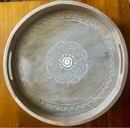 Grey solid wood round tray with white mandala design