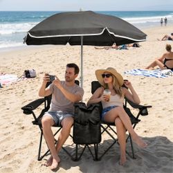 Portable Folding Picnic Chair Set with Umbrella, 2-Person Outdoor Camping Chairs Cup Holders, Foldable Beach Chair Set for Patio, Camping, Backyard, B