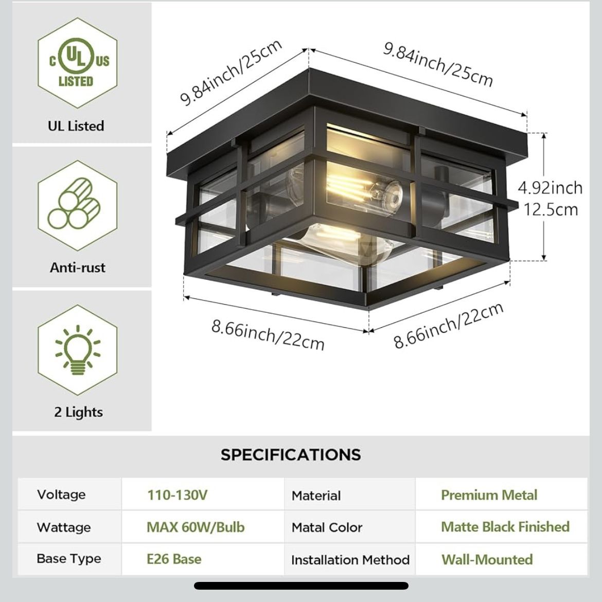 New Black 2 Light Ceiling Fixture