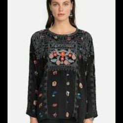 JohnnY Was Biya Inka silk blouse lack embroidered long sleeve split tie neck S