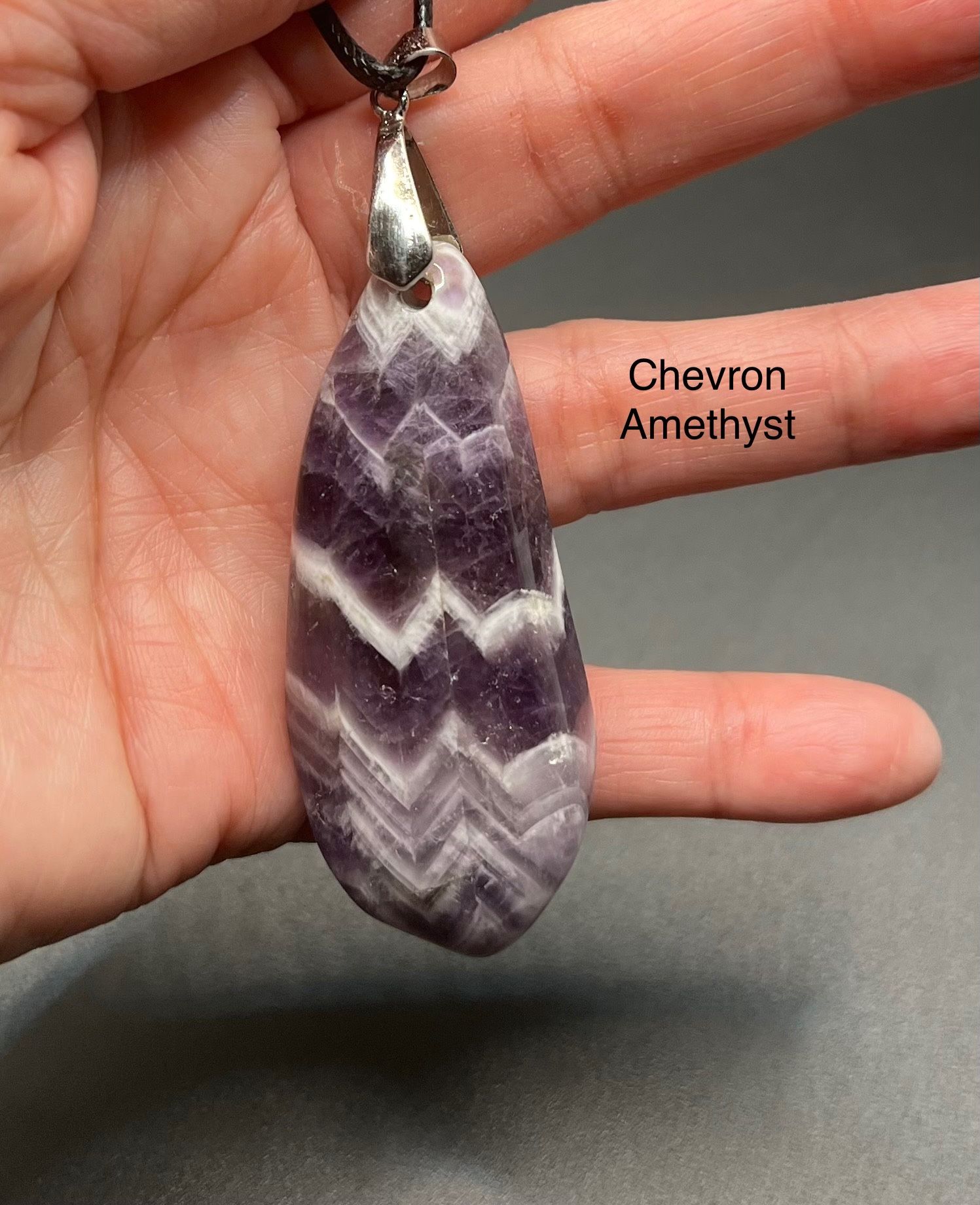 Chevron Amethyst Genuine Stone Pendant Necklace With Black Leather Cord