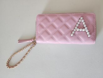 Claire's Pink Monogram Initial Letter A Wristlet Purse Faux Leather Pearl NWOT