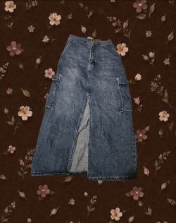 Denim Maxi Cargo Skirt with Front Slit