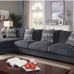 Brand New Super Plush Grey Chenille Sectional Sofa (Pillows Included)