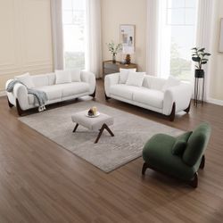 July Special  Modern Boucle Fabric Sofa Set - 2 Sofas and 1 chair with Sleek Wooden Legs for Living Room or Home Office