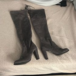 Stuart Weitzman Highland Over-the-Knee boots in gray suede. 