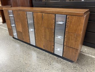 Vintage Mid-Century Brutalist Triple Dresser w/ Stainless Steel & Burlwood Inlay