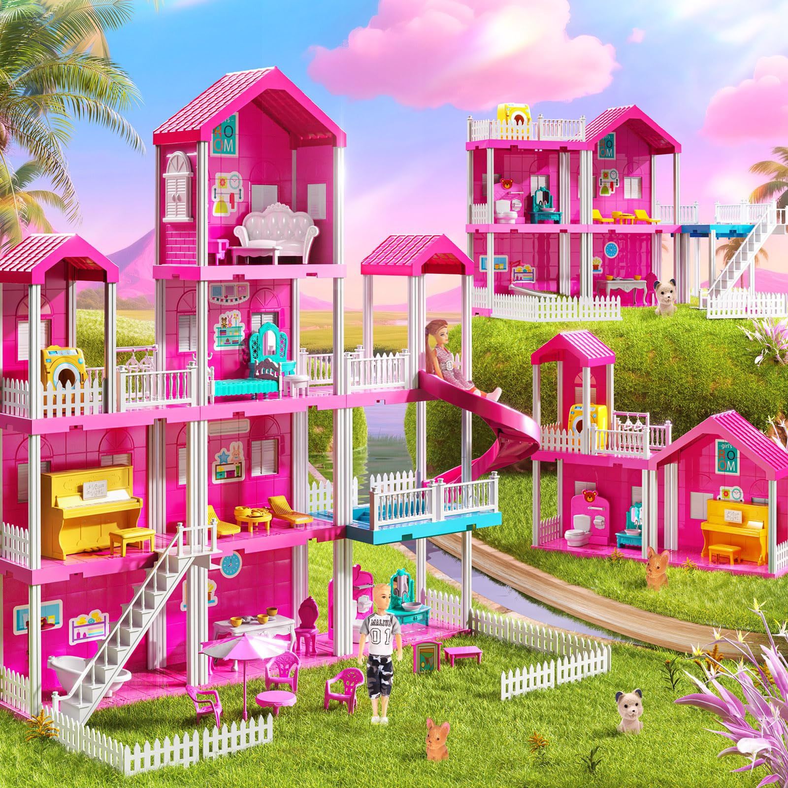 JUKUDAHU Pink Villa Playset for Girls Ages 3-7, 4-Story 10-Room House with 2 Dolls, Furniture & Accessories, Pretend Play Toddler Toy, Birthday Gifts