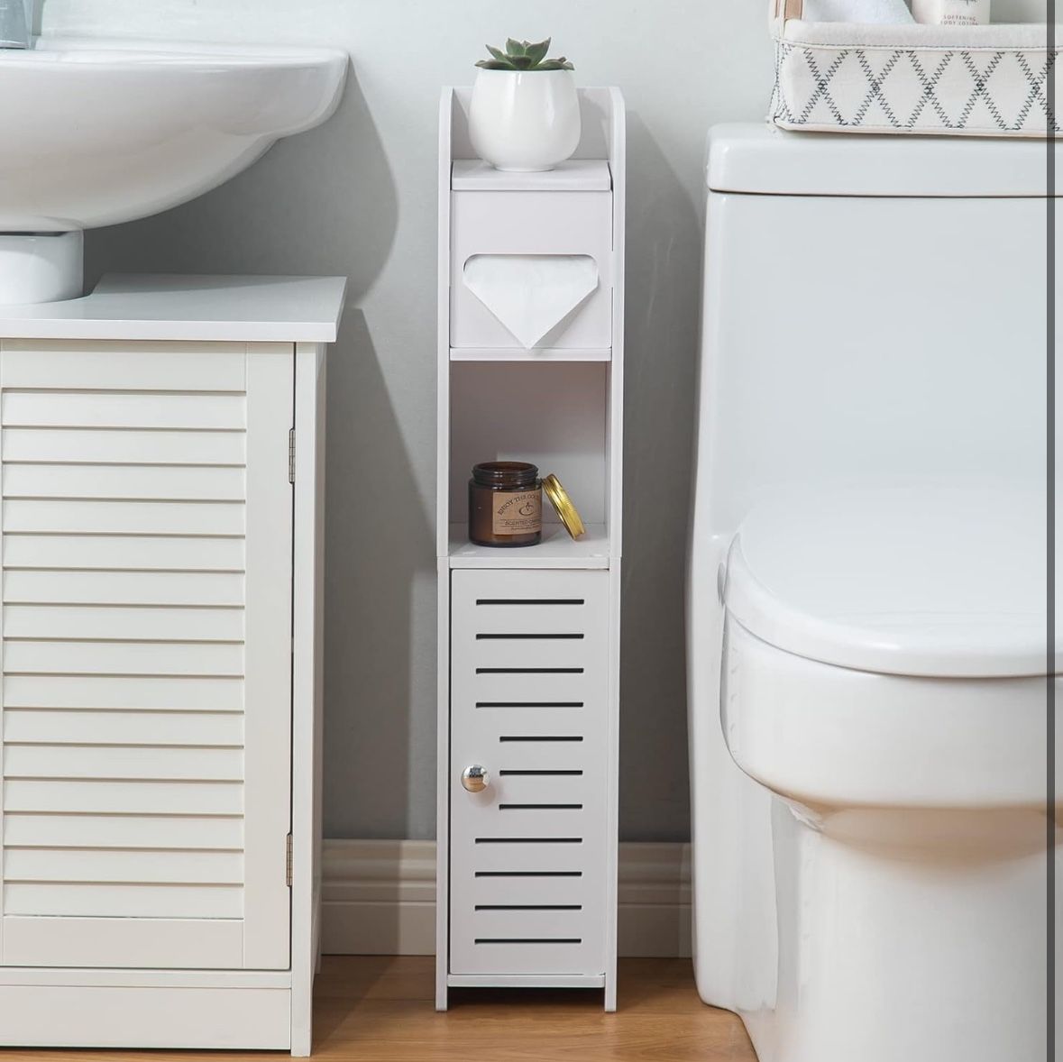 Toilet Paper Holder Stand, Bathroom Storage Cabinet, White