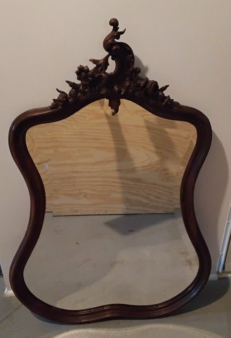 1890's Antique French Country Style Hand Carved Wood Beveled Wall Mirror