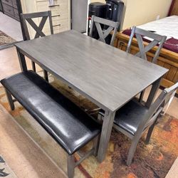 ✅️✅️6 pc laurel  gray finish wood dining table set padded seat chairs and bench✅️✅️
