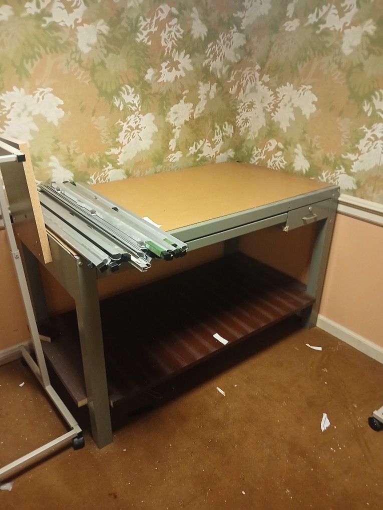 Drawing Stick Files And Rex, 3-0 File Cabinet And Folding Tables Plus One Drafting Table Base. Will Entertain All Offers
