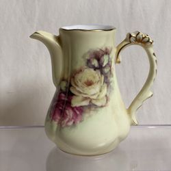 Mini 4” Tall Coffee Chocolate Tea Pot Yellow Cream Flowers & Gold Trim Unique
