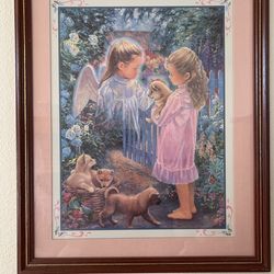 Vintage Home Interiors And Gifts Angel Print. Excellent.   Wood tone frame with gold edging.  Size including frame is 18” x 22”.