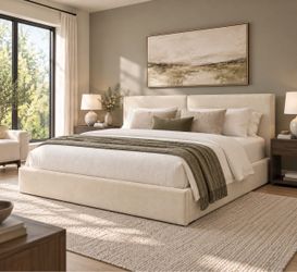 King Size Low Profile Cream Upholstered Platform Bed Frame