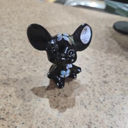 Black Fenton Art Glass mouse figurine with hand-painted blue and white flowers