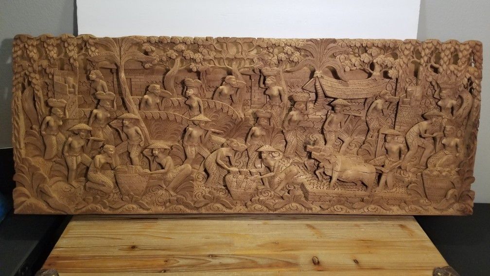 Vintage Teakwood Carving Art Relief Wall Sculpture 39½"×15"×2"