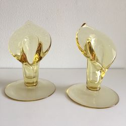 Pair Vintage Candle Holders - Calla Lily Yellow Glass