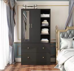 Black Wood 35.5 in. W Armoires Wardrobe With Mirror, Pulling Hanging Rod, Drawers, Shelves 15.8 in. D x 70.8 in. H