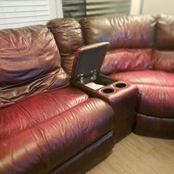 Burgundy Leather Recliner Couch w/ 2 Built-in storage Containers and 4 cup holders