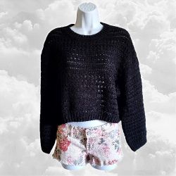 NEW WT True Craft Juniors' Black Oversized Fit Open Stitch Sweater Size XS