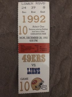 Detroit Lions San Francisco 49ers 1992 ticket Joe Montana Last Final Career Game
