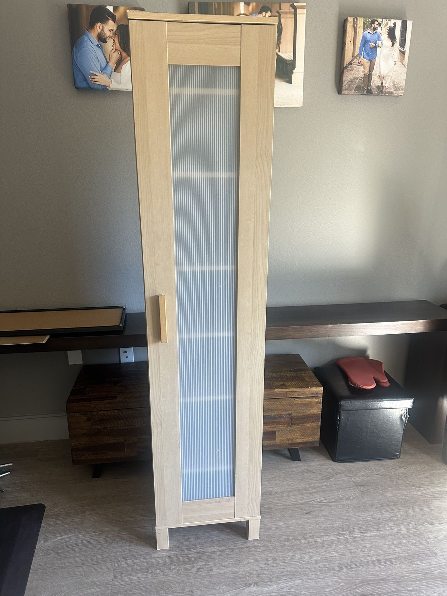 Tall Light Wood Storage Cabinet with Frosted Door – Adjustable Shelves (MOVING OUT SALE)