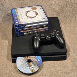 VERY NICE SONY PS4 SLIM VIDEO GAME BUNDLE w/6 GAMES  PLAYSTATION 4 S SYSTEM SETUP DISK DISC CONSOLE
