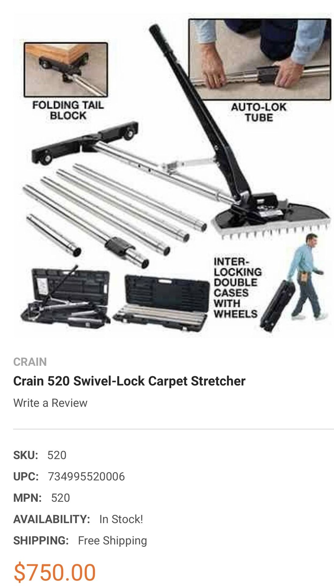 Crain 520 Swivel-lock Carpet Stretcher 